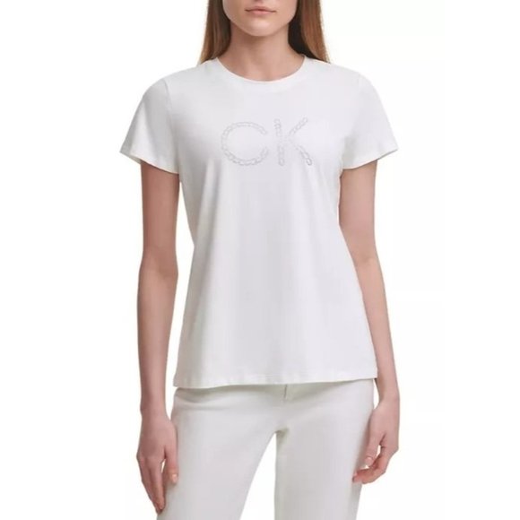 CALVIN KLEIN Short Sleeve Chain Logo Graphic T-Shirt White Medium NWT - Picture 1 of 2